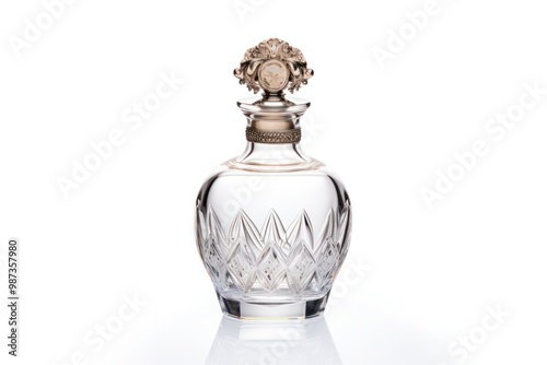 An elegant clear glass perfume bottle with a classic, timeless design