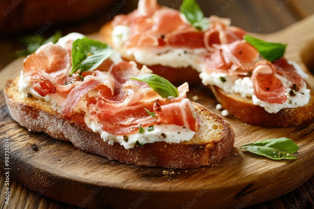 Bruschetta with prosciutto bacon and cream cheese on wooden plate , ai Bruschetta with prosciutto bacon and cream cheese on wooden plate , ai