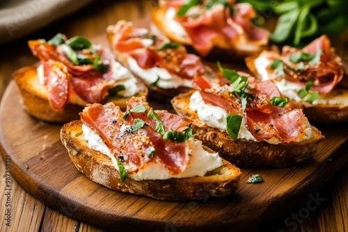 Bruschetta with prosciutto bacon and cream cheese on wooden plate , ai