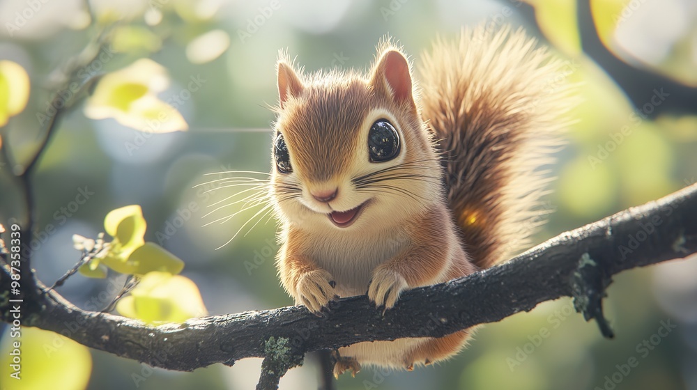 A delightful cartoon-style 3D character of a furry squirrel happily jumping on branches, its soft fur glistening in the sunlight. With erect ears and large, curious eyes, the squirrel showcases A delightful cartoon-style 3D character of a furry squirrel happily jumping on branches, its soft fur glistening in the sunlight. With erect ears and large, curious eyes, the squirrel showcases