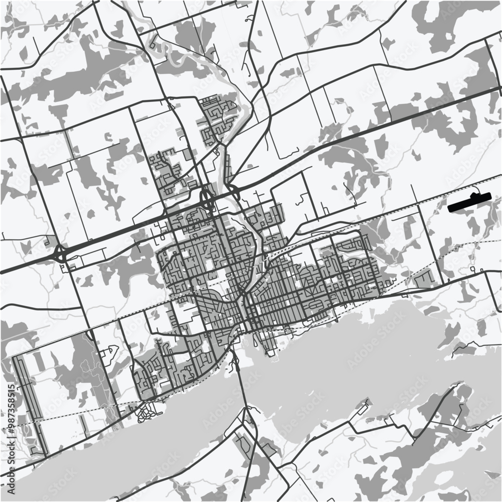 Obraz premium Map of Belleville in Canada in grayscale. Contains layered vector with roads water, parks, etc.