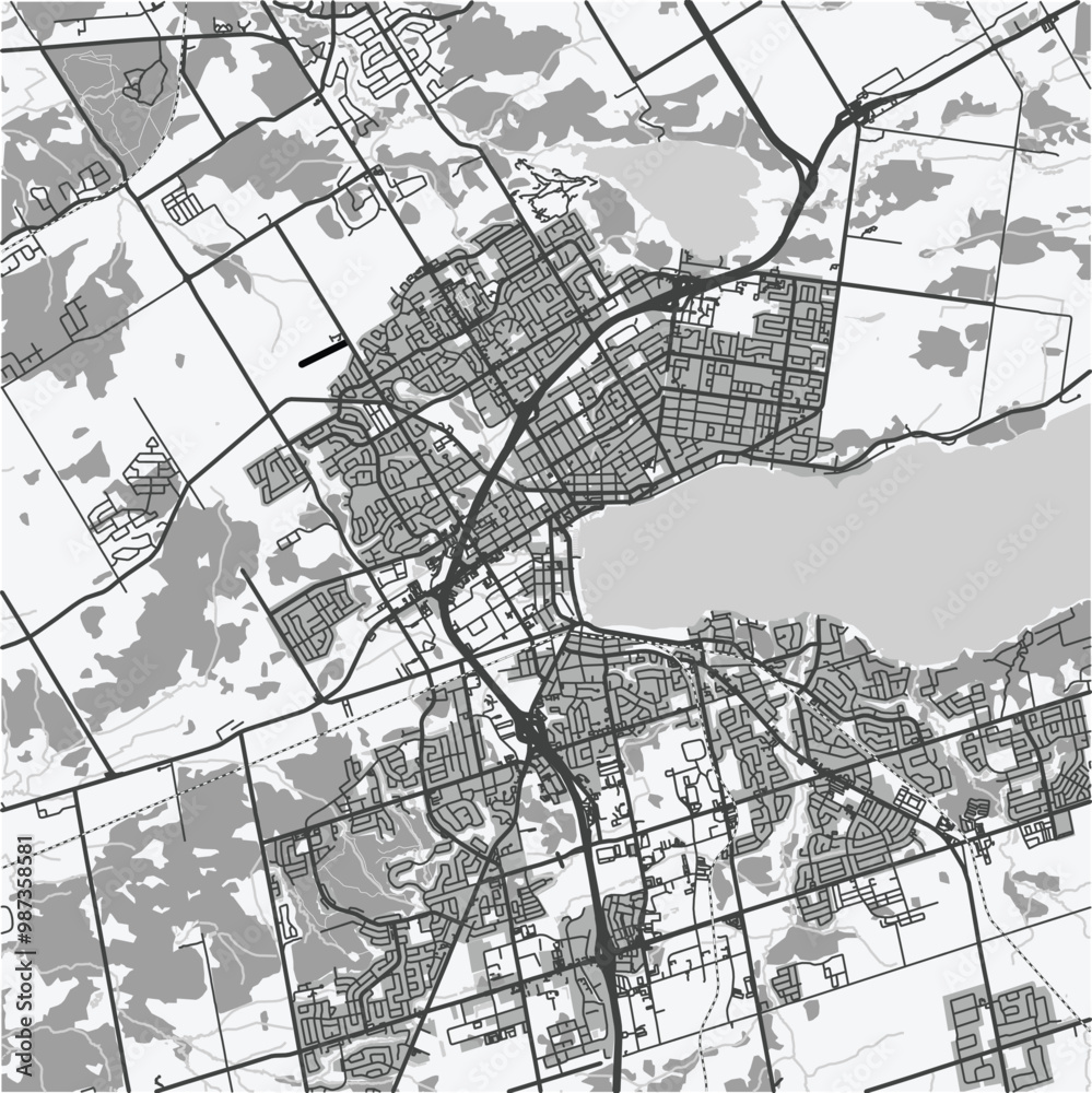 Naklejka premium Map of Barrie in Canada in grayscale. Contains layered vector with roads water, parks, etc.