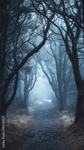 Mysterious foggy forest at night, eerie blue moonlight, haunted woods concept