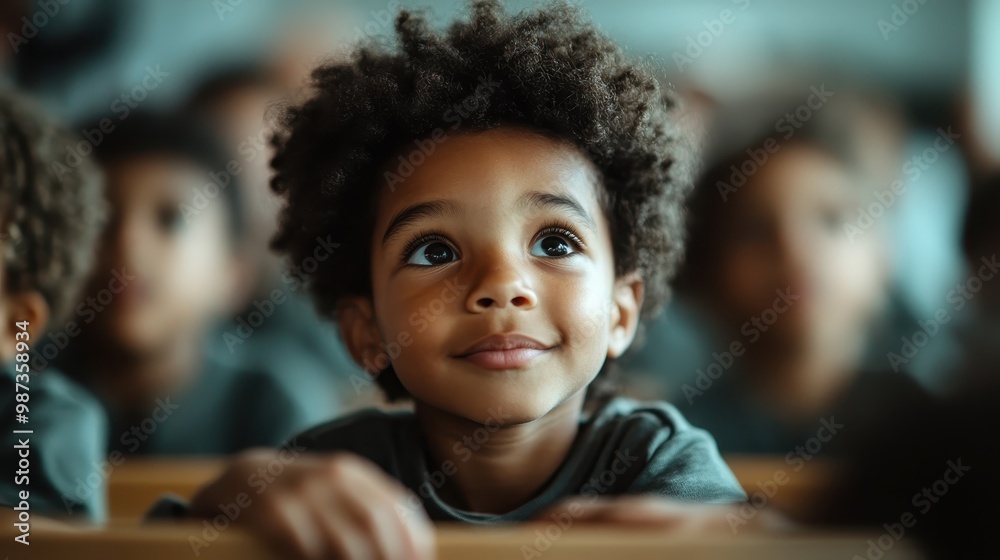 A young child with curly hair looks up with bright eyes in a classroom, capturing a moment of curiosity and wonder, surrounded by a softly blurred background. A young child with curly hair looks up with bright eyes in a classroom, capturing a moment of curiosity and wonder, surrounded by a softly blurred background.