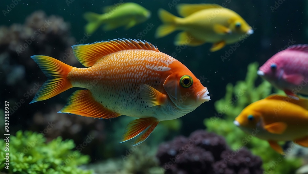 Colorful fish swimming in a green aquarium. Colorful fish swimming in a green aquarium.