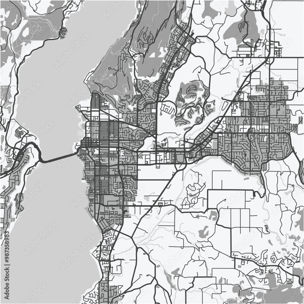 Naklejka premium Map of Kelowna in Canada in grayscale. Contains layered vector with roads water, parks, etc.