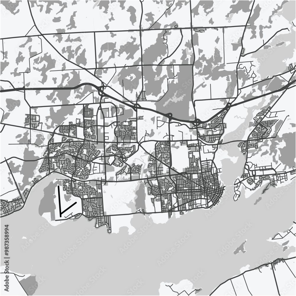Fototapeta premium Map of Kingston in Canada in grayscale. Contains layered vector with roads water, parks, etc.