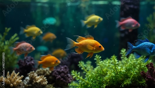 Colorful fish swimming in a green aquarium.