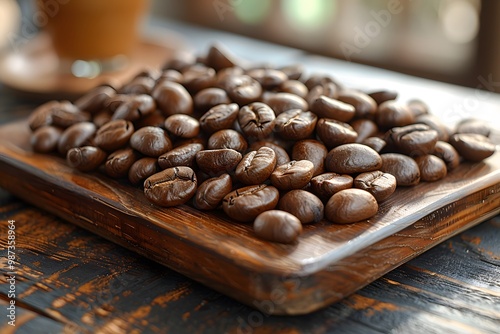 Freshly Roasted Coffee Beans on Wooden Tray for Cafes, Coffee Shops, and Home Brewing