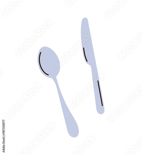 Kitchen tool, cooking spoon, table knife, tablespoon, culinary utensil, kitchenware, metal spoon and steel fork, flatware top view, eating tools isolated on white background flat vector illustration.