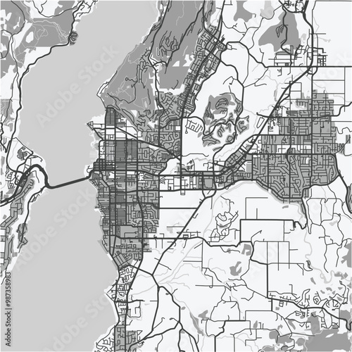 Map of Kelowna in Canada in grayscale. Contains layered vector with roads water, parks, etc.