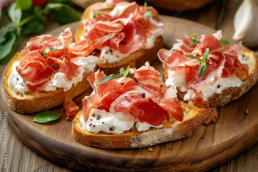 Bruschetta with prosciutto bacon and cream cheese on wooden plate , ai Bruschetta with prosciutto bacon and cream cheese on wooden plate , ai
