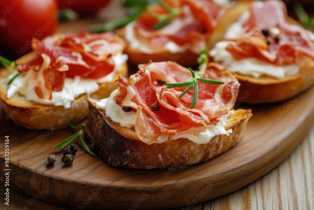 Bruschetta with prosciutto bacon and cream cheese on wooden plate , ai Bruschetta with prosciutto bacon and cream cheese on wooden plate , ai