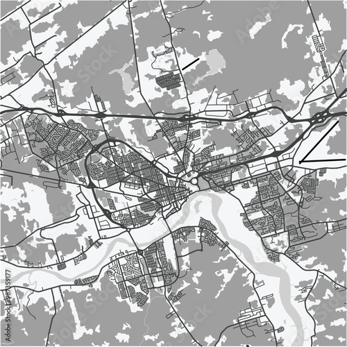 Map of Moncton in Canada in grayscale. Contains layered vector with roads water, parks, etc. photo