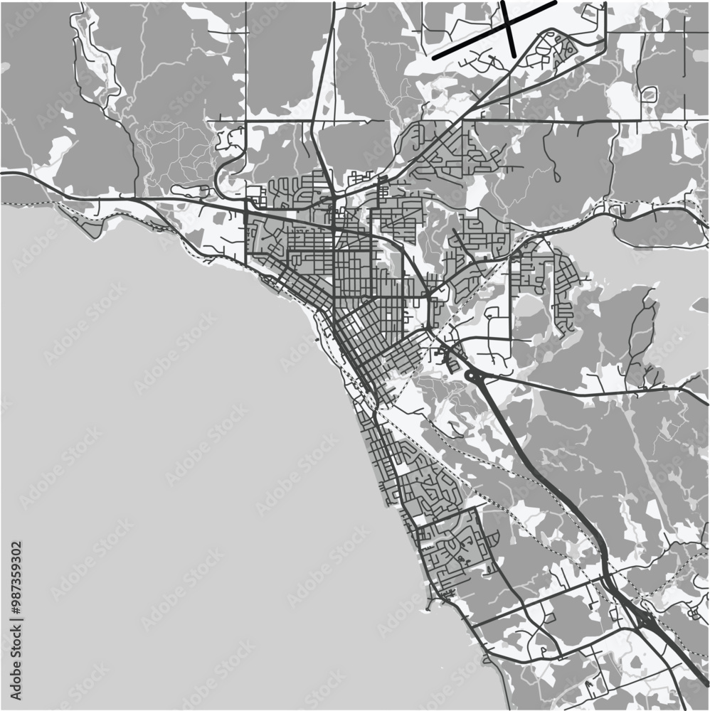 Obraz premium Map of North Bay in Canada in grayscale. Contains layered vector with roads water, parks, etc.