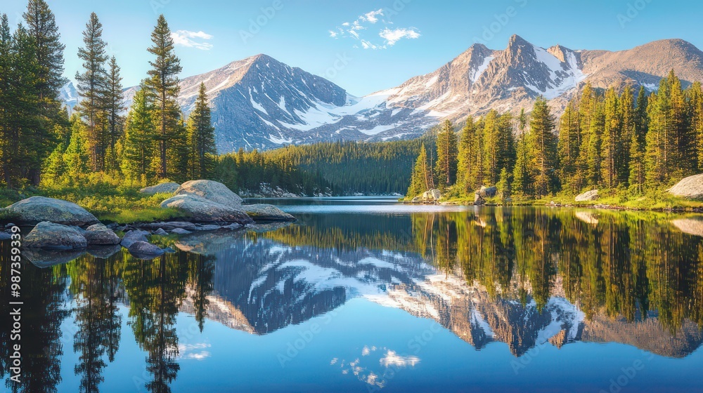 A serene mountain lake with a reflection of the snow-capped peaks and evergreen trees in the tranquil water. A serene mountain lake with a reflection of the snow-capped peaks and evergreen trees in the tranquil water.