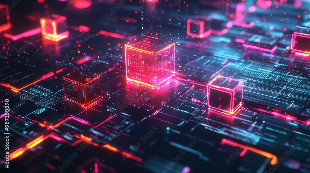 futuristic data visualization with glowing neon blocks flowing through abstract digital landscape representing ai and business analytics futuristic data visualization with glowing neon blocks flowing through abstract digital landscape representing ai and business analytics
