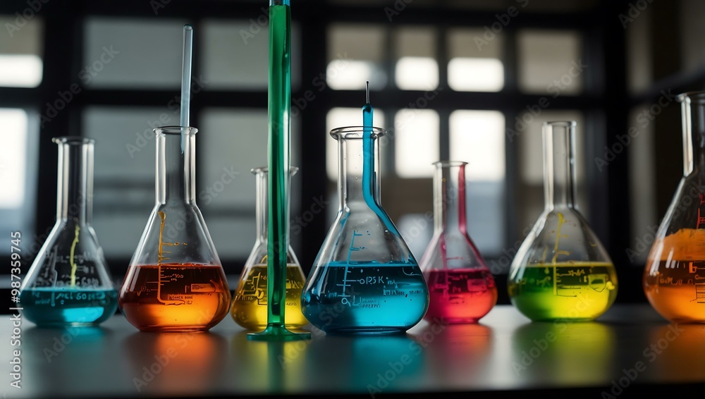 Colorful lab glassware showcasing chemical experiments. Colorful lab glassware showcasing chemical experiments.