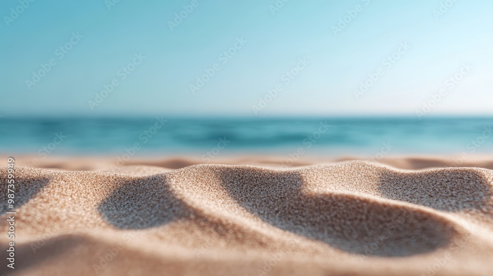 Smooth ripples in the beach sand stretch towards the horizon, where the calm blue ocean meets a sunny, clear sky, offering a tranquil and serene seaside atmosphere. Smooth ripples in the beach sand stretch towards the horizon, where the calm blue ocean meets a sunny, clear sky, offering a tranquil and serene seaside atmosphere.