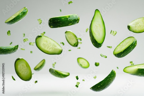 Flying cucumber slices isolated on white background  photo