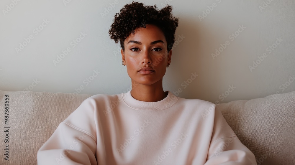 A woman with curly hair sits on a sofa, wearing a pink sweater, exuding confidence and calmness, perfectly captured in natural light and serene composition.