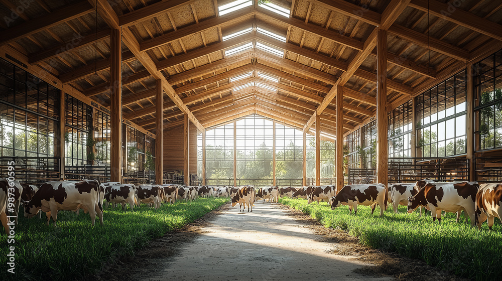 A stunning interior of a state-of-the-art dairy farm, featuring cows enjoying hay under spacious wooden beams and skylights. Generative AI A stunning interior of a state-of-the-art dairy farm, featuring cows enjoying hay under spacious wooden beams and skylights. Generative AI