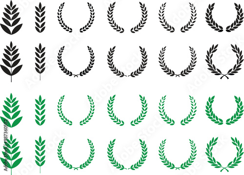 Circular foliate laurels branches icons set. Laurel wreath vectors isolated on transparent background. Silhouette vintage collection. Heraldic trophy crest Greek olive branch award winner round emblem