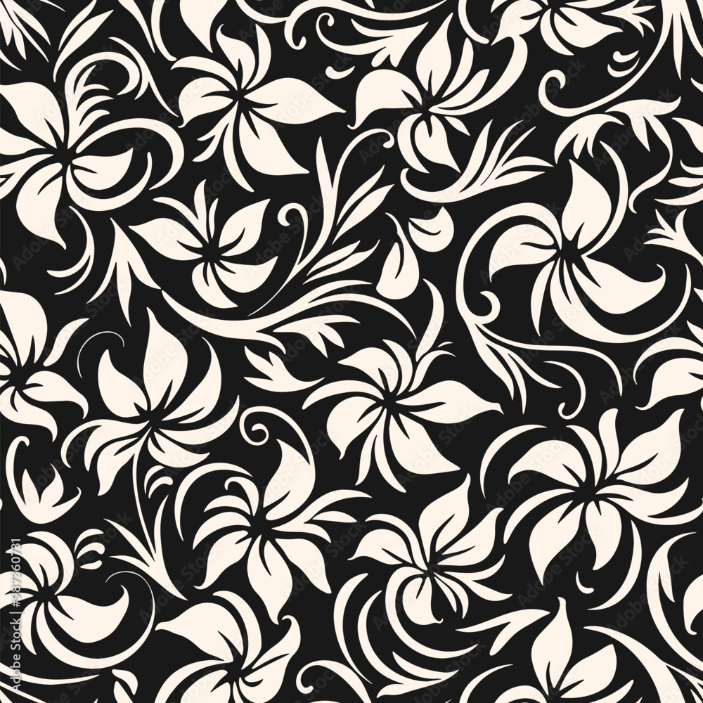 Black and white floral seamless pattern. Vector abstract monochrome ornamental texture with flower silhouettes, leaves, curly shapes. Simple elegant botanical background. Repeated design for decor Black and white floral seamless pattern. Vector abstract monochrome ornamental texture with flower silhouettes, leaves, curly shapes. Simple elegant botanical background. Repeated design for decor