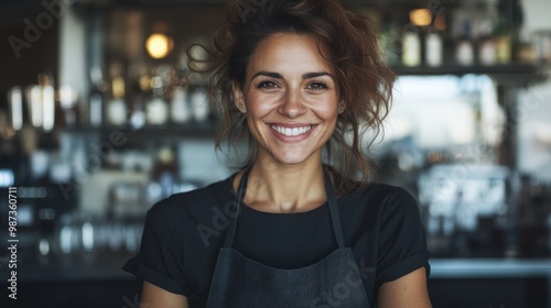 A joyful barista in a cozy urban cafe wears an apron and smiles warmly, creating an inviting and friendly atmosphere that welcomes patrons with openheartedness.