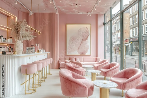 Cozy Pink Cafe Interior with Contemporary Design and Golden Accents