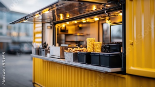 A yellow food truck showcases an assortment of snacks and drinks for sale, equipped with a well-organized counter. The vibrant truck stands out in an urban setting. photo