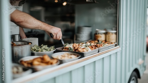 A chef is serving a variety of freshly prepared foods from a well-equipped food truck at a busy location, offering a selection of appetizing dishes ready to be enjoyed. photo