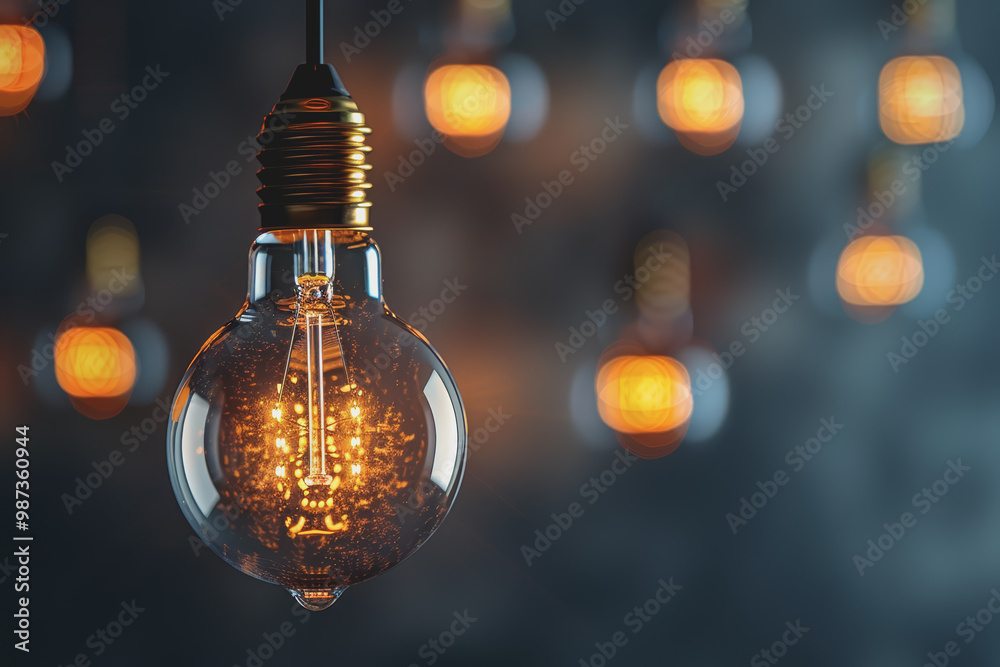Bulbs hanging from the ceiling glow with a yellow light. Contrasting with the dark gray background. Bulbs hanging from the ceiling glow with a yellow light. Contrasting with the dark gray background.