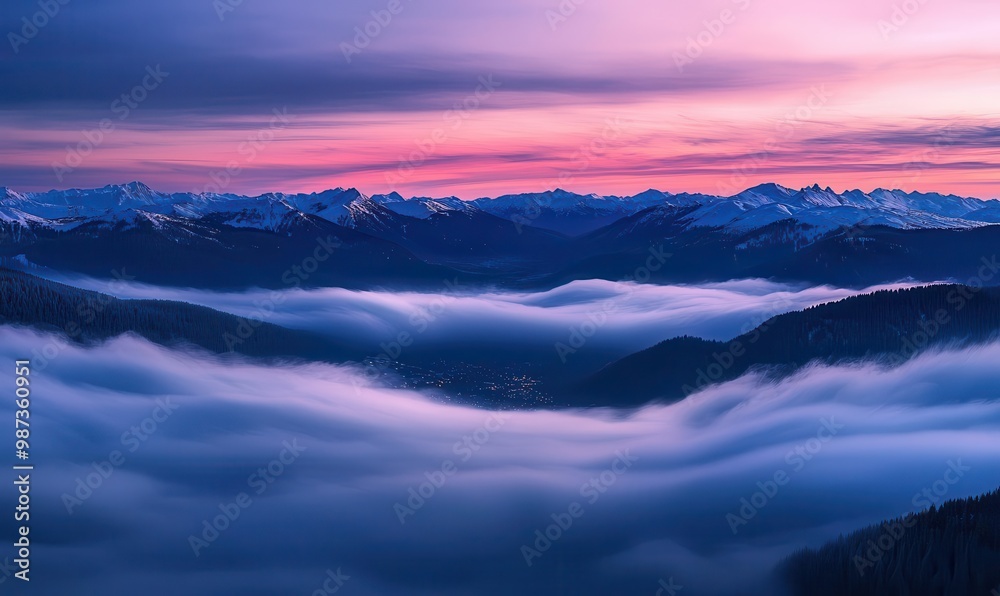 Beautiful dawn over foggy mountain landscape with pink and blue hues Beautiful dawn over foggy mountain landscape with pink and blue hues