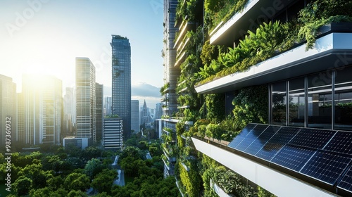 futuristic ecofriendly skyscraper with cascading vertical gardens and solar panels surrounded by a lush urban park the building seamlessly integrates sustainable technology with nature