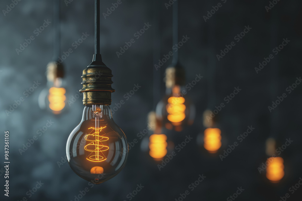Bulbs hanging from the ceiling glow with a yellow light. Contrasting with the dark gray background.