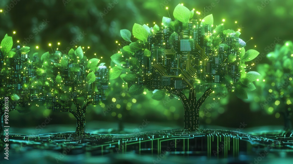 futuristic ecotechnology concept circuit board trees sprout leaves and branches merging nature and electronics soft ethereal glow emphasizes sustainable innovation futuristic ecotechnology concept circuit board trees sprout leaves and branches merging nature and electronics soft ethereal glow emphasizes sustainable innovation