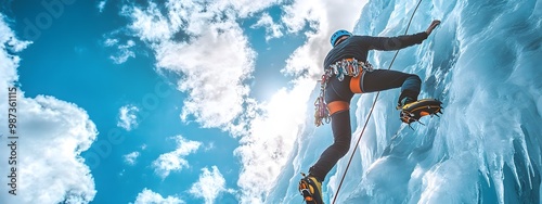 Wallpaper Mural Ice climbing, climbing on an ice wall, blue sky with white clouds Torontodigital.ca