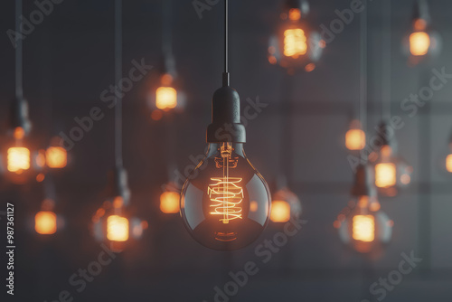 Bulbs hanging from the ceiling glow with a yellow light. Contrasting with the dark gray background.