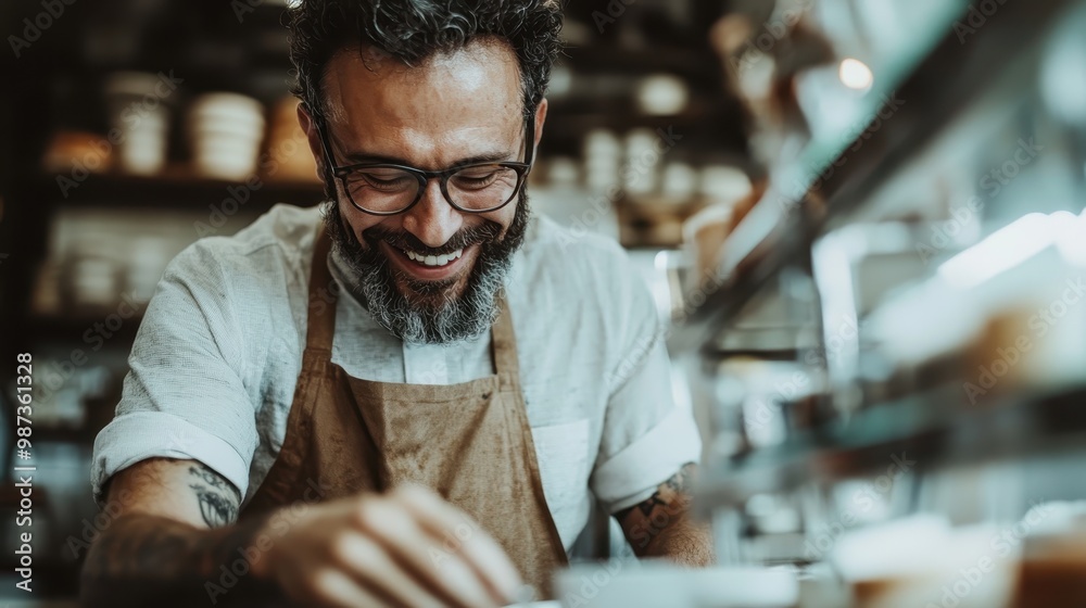 A friendly barista with glasses and an apron happily prepares coffee, creating a welcoming and warm environment in a bustling, modern coffee shop. A friendly barista with glasses and an apron happily prepares coffee, creating a welcoming and warm environment in a bustling, modern coffee shop.