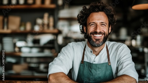 A cheerful barista with a beard stands smiling confidently behind the counter of a modern coffee shop, welcoming patrons to a cozy and inviting atmosphere.