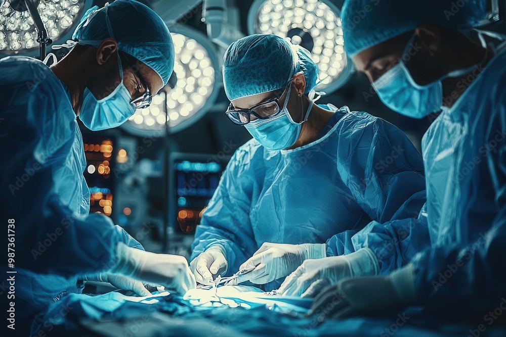 Surgeons in Operating Room with Blue Surgical Scrubs and Equipment