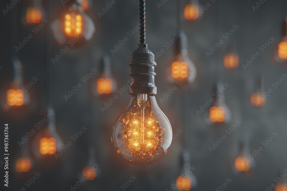 Bulbs hanging from the ceiling glow with a yellow light. Contrasting with the dark gray background. Bulbs hanging from the ceiling glow with a yellow light. Contrasting with the dark gray background.