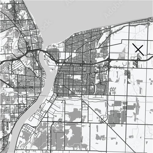 Map of Sarnia in Canada in grayscale. Contains layered vector with roads water, parks, etc.