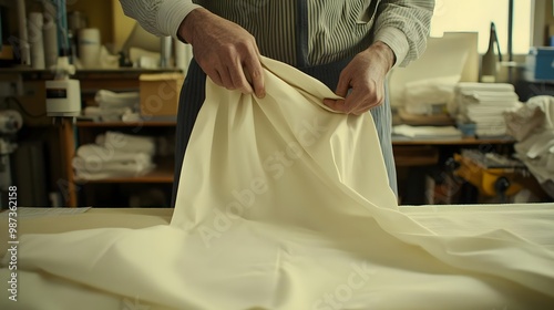 Hands folding fabric in a workshop.