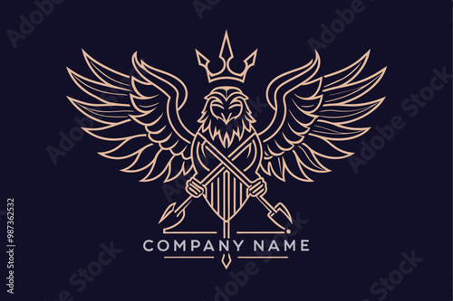 Stylish line art logo of a crowned eagle with wide-spread wings clutching a shield, 'Company Name' below, evoking strength, royalty, and bold branding.
