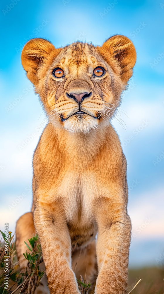 Young lioness portrait taken in the wild at golden hour showcasing its curious expression and natural beauty Young lioness portrait taken in the wild at golden hour showcasing its curious expression and natural beauty