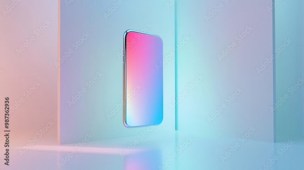 futuristic holographic smartphone floating in a minimalist white room projecting colorful 3d interface elements sleek design with subtle metallic accents futuristic holographic smartphone floating in a minimalist white room projecting colorful 3d interface elements sleek design with subtle metallic accents