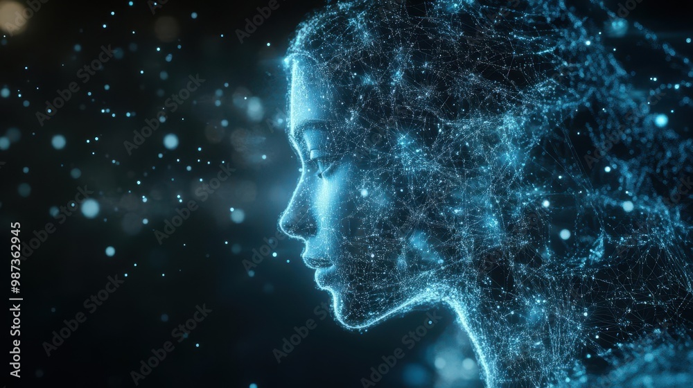 futuristic holographic projection of female ai entity translucent layers of data and light forming humanoid shape in darkened tech environment futuristic holographic projection of female ai entity translucent layers of data and light forming humanoid shape in darkened tech environment