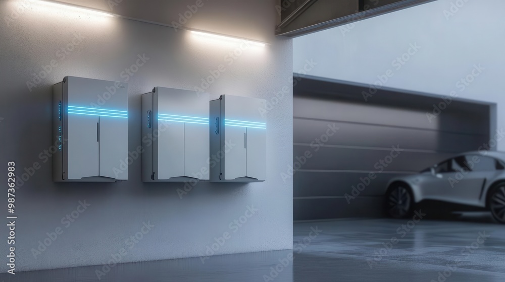 futuristic home battery storage system sleek white panels with glowing ...